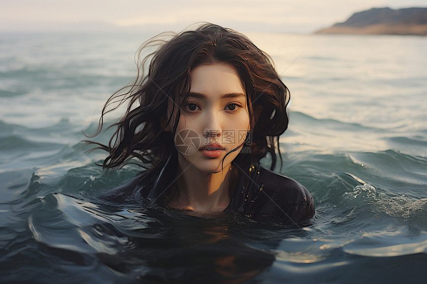 海边游泳的女孩图片