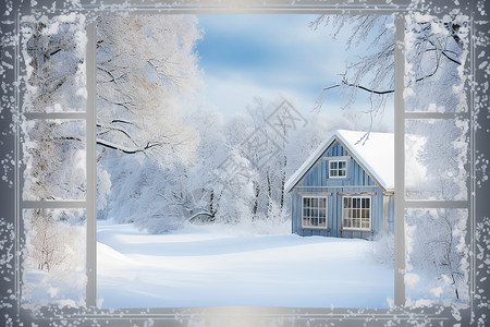 森林在冬天白雪皑皑的房屋设计图片