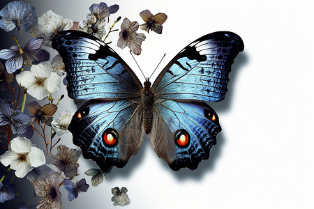 白花旁的蓝蝴蝶高清图片