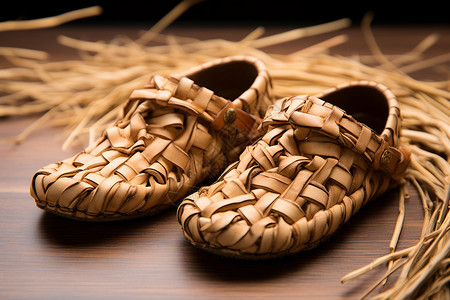 手工编织的麻绳草鞋背景图片