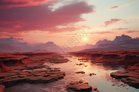夕阳下的湖泊河流背景图片