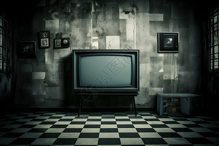 黑白格子地板的房间背景图片