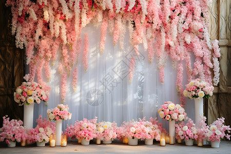立体粉色舞台舞台上浪漫的粉色花束背景
