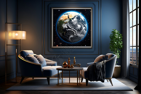 客厅里的地球挂画背景图片