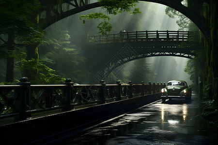 拱桥下的汽车背景图片