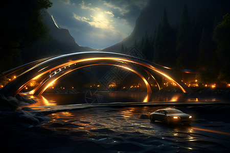 夜晚的汽车穿过弯曲桥梁背景图片