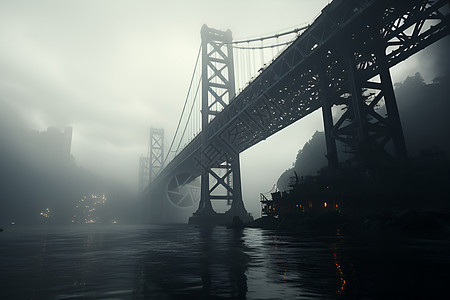 浓雾中的悬索桥背景图片