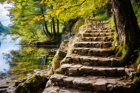 湖边幽静的石阶背景图片