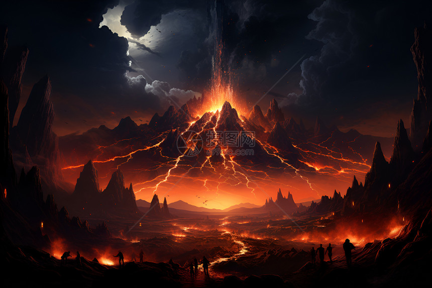 火山喷发下的山中景观图片