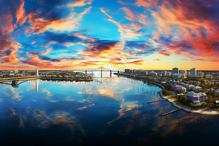 海边城市的美丽日落背景图片