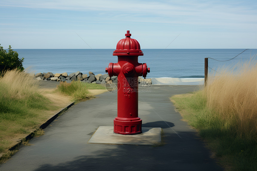 靠海的红色消防栓图片