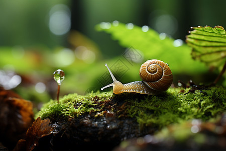 苔藓上的野生蜗牛背景图片