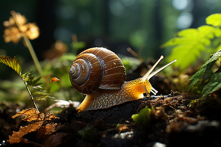 森林中的野生蜗牛背景图片
