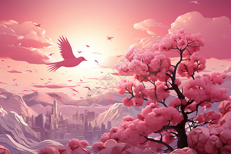 粉色浪漫的城市景观插图背景图片