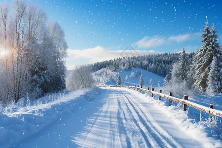 林间小径走冬季白雪覆盖的林间小径背景