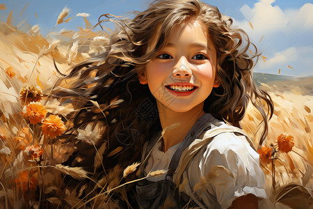 金灿灿的稻田中的小女孩背景图片