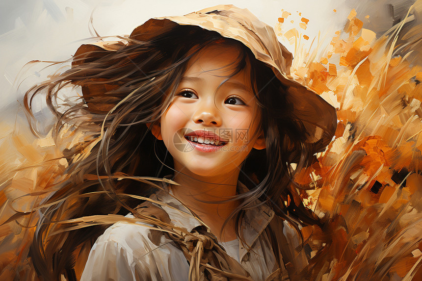 金黄色麦浪中的小女孩图片