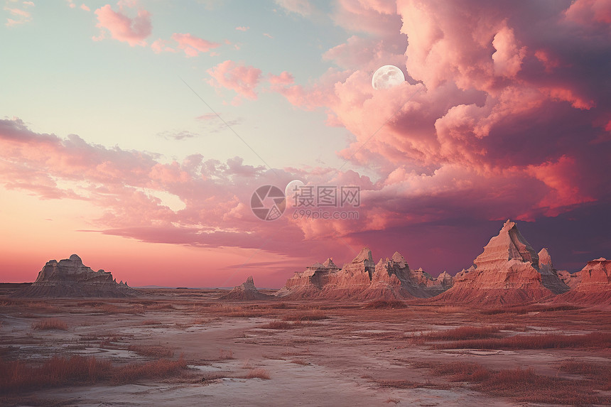 夕阳下梦幻的沙漠景观图片
