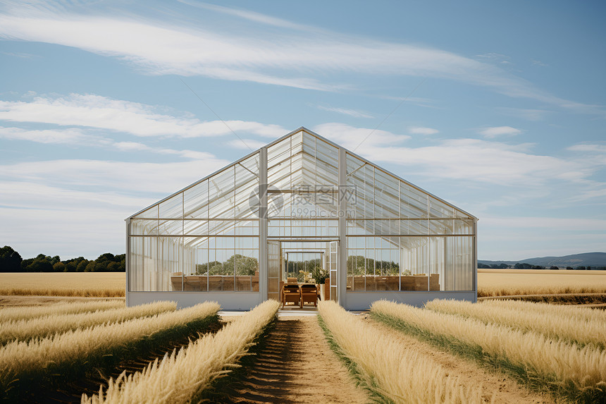 现代田野中的温室农舍图片