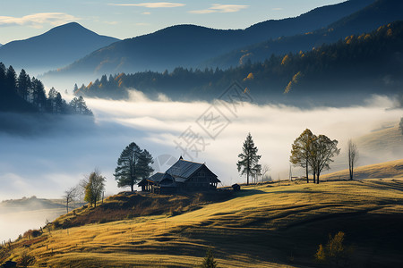 烟雾缭绕的山林烟雾笼罩中的小山背景