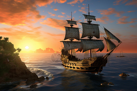 海洋中行驶的帆船油画背景图片