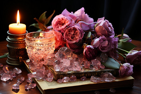 桌面上的花束和水晶背景图片