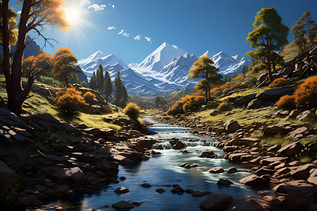 山涧阳光照耀下的自然美景背景图片