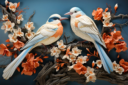 植物花朵上的刺绣鸟类背景图片