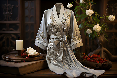 丝绸长袍上的绣花背景图片