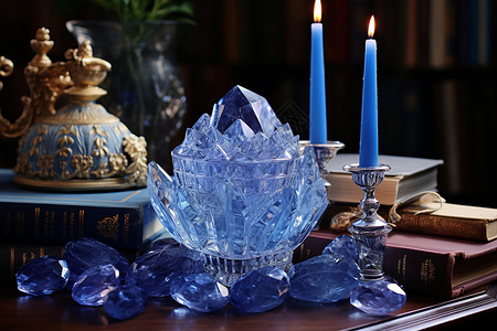 蓝水晶蓝色蜡烛和蓝色水晶.背景