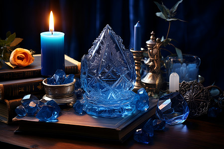 蓝水晶蓝色水晶簇与蜡烛背景