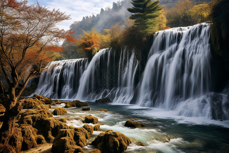 瀑布流过森林岩石背景图片