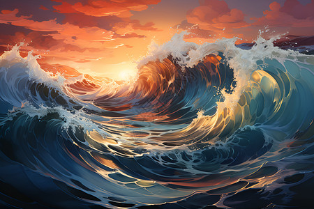 夕阳余晖照耀下的巨浪艺术高清图片素材