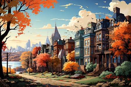 秋色中的小镇背景图片