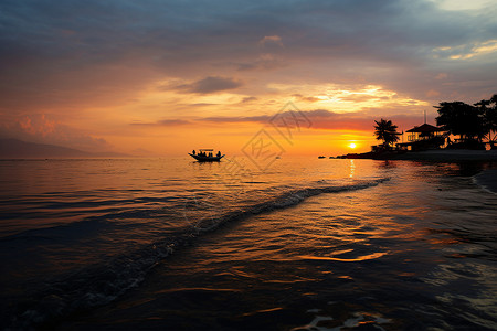 黄昏后海面夕阳下海面的船只背景