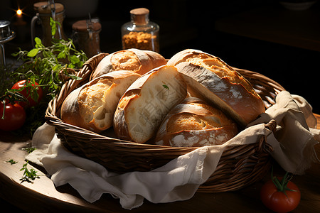 面包篮筐篮筐中的小麦面包背景