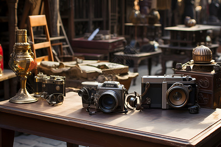 古典收藏的老旧相机背景图片