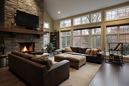 客厅中的沙发和壁炉背景图片