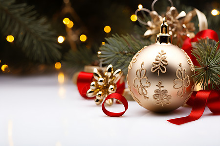 桌面上传统的圣诞装饰球背景图片