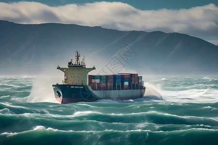 波涛汹涌的海海面上行驶的货船背景