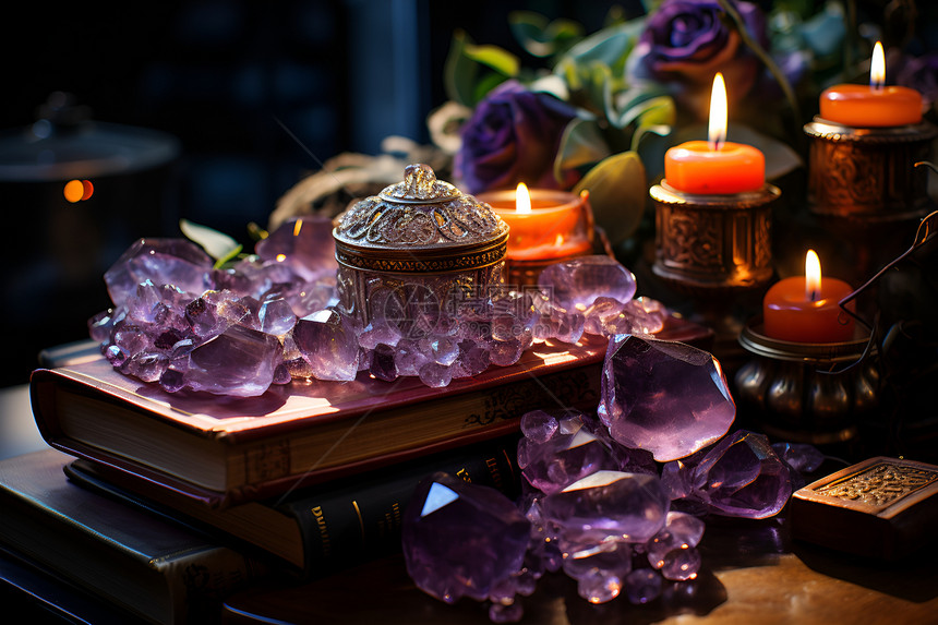 桌面上魔幻的紫色水晶图片