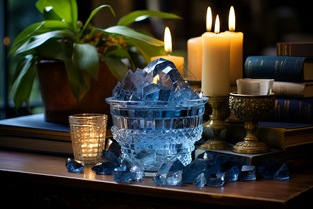 蜡烛旁玻璃瓶里的水晶背景图片