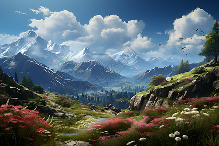 宏伟山脉下的草原背景图片