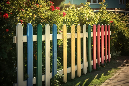 木篱笆花园里的彩色栅栏背景