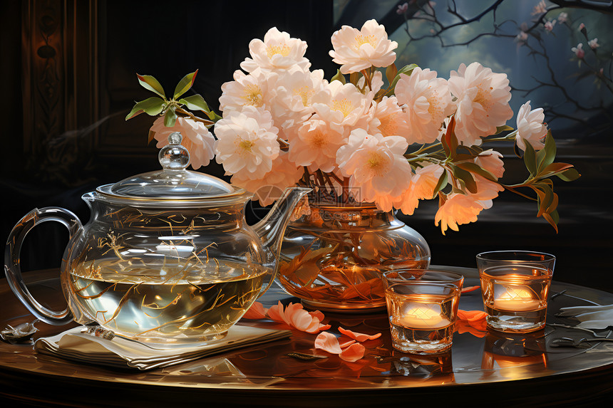 玻璃茶壶上的花朵图片