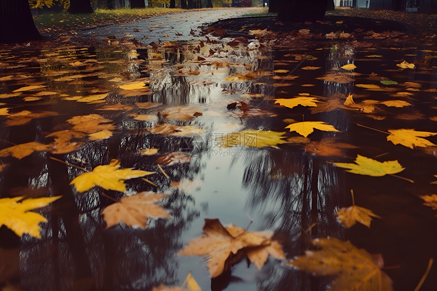 金秋微雨的落叶景观图片