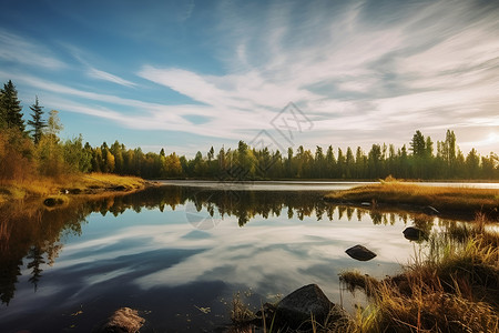 秋日晨曦的湖泊景观高清图片
