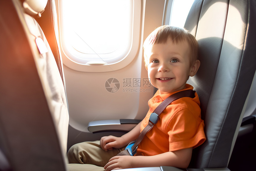 飞机上开心出行的小男孩图片