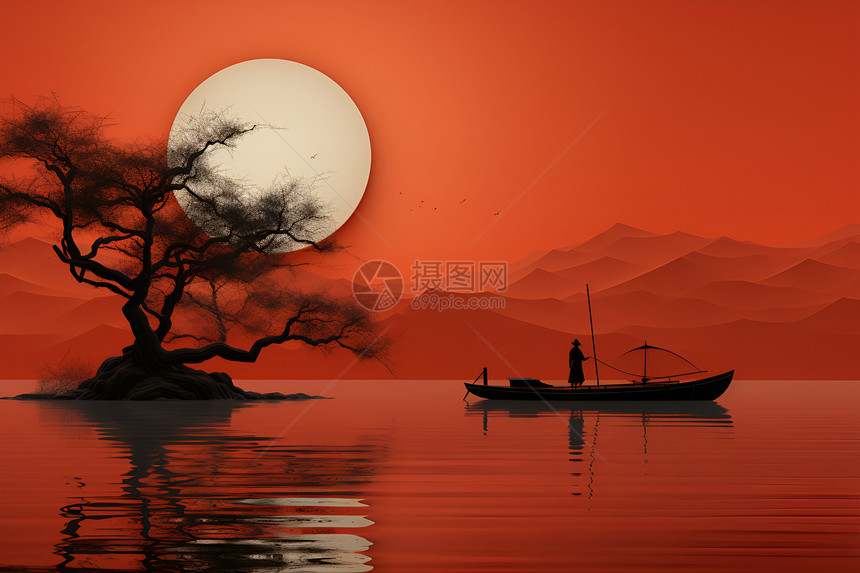 中式国风游船场景图片