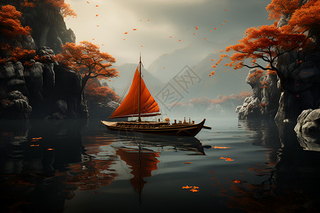 夕阳湖泊上的小舟背景图片